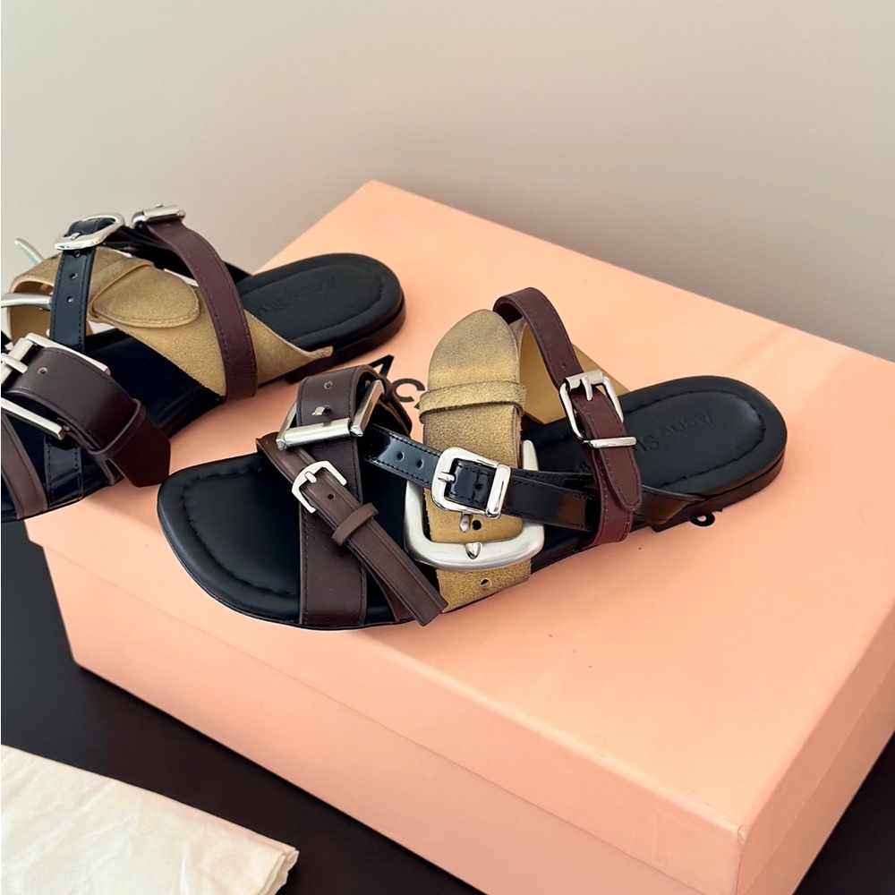 Acne Multi-Color Triple-Buckle Leather & Suede Sandals - Picture 5 of 9